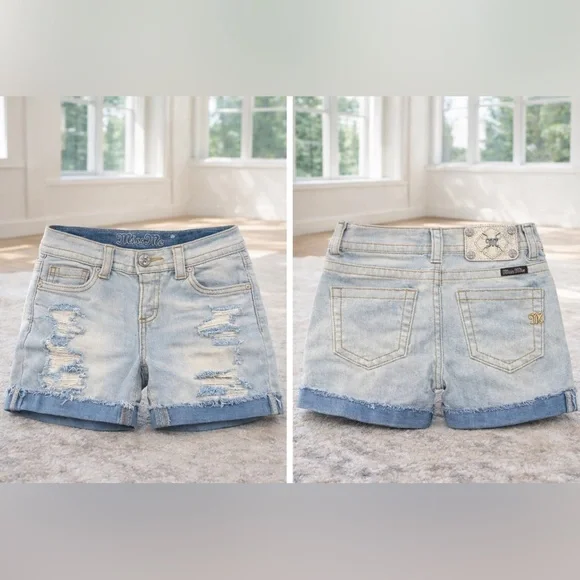 Miss Me Light Blue Distressed Rolled Hem Mid Rise Denim Shorts size 26 GUC - Picture 2 of 3